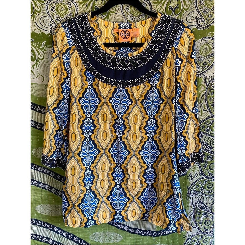 Tory Burch Odie Yellow/ Blue/ White Embellished Tunic Blouse Medium Resort Wear